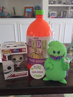 Funko Soda Oogie Boogie Figure - Neon Green with Orange Bottle. Funko Santa Jack